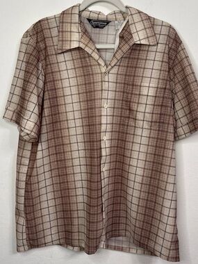 VINTAGE Sears Shirt Men XL Brown Sportswear 70s Button Up Plaid Camp Lightweight